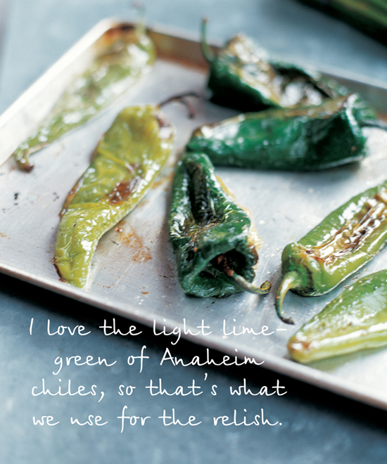 I love the light lime-green of Anaheim chiles, so that’s what we use for the relish.