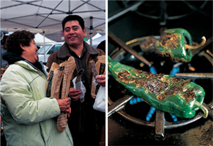 Getting bread from the market and roasting chiles on a stove