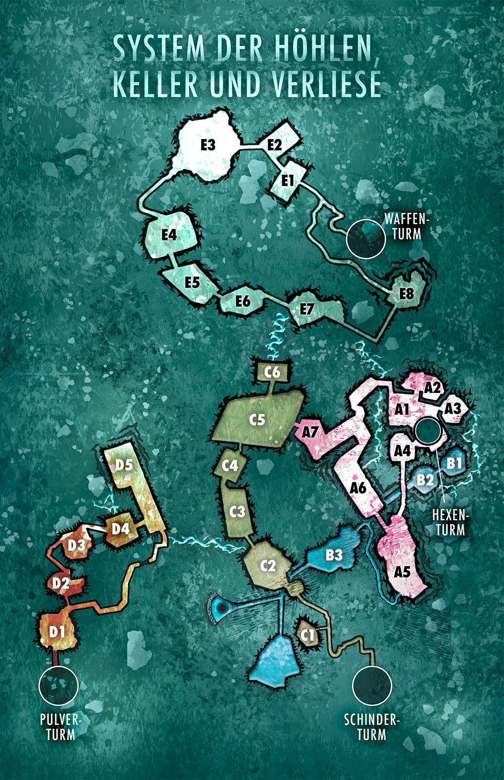 Die Grafik mit der Überschrift „System der Höhlen, Keller und Verliese“ zeigt einen schematischen Grundriss der unterirdischen Gänge und Räume unter der Burg. Es gibt fünf unregelmäßig angeordnete, nebeneinanderliegende Höhlensysteme, gekennzeichnet mit den Buchstaben A bis E. Die einzelnen Kammern sind zusätzlich mit Zahlen versehen. Von den Türmen aus führen Zugänge in die verschiedenen Systeme (Hexenturm nach A, Schinderturm nach C, Pulverturm nach D, Waffenturm nach E. Ins System B, das unterhalb aller anderen liegt, gelangt man nur durch einen geheimen Zugang im Raum A5). Die Systeme sind untereinander durch „Kriechgänge“ verbunden, die grafisch in brüchigen Wellenlinien dargestellt sind.