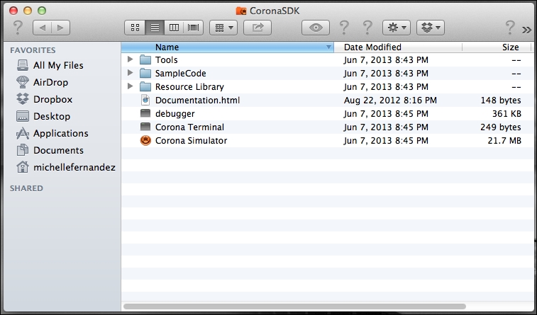 Time for action – setting up and activating Corona on Mac OS X