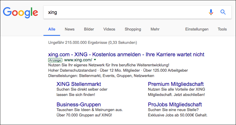 Suche nach »xing« als Beispiel für eine Go-Anfrage