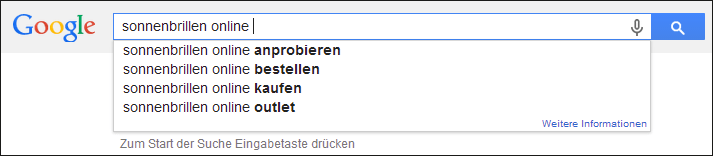 Google Suggest zur Eingabe »sonnenbrillen online …«