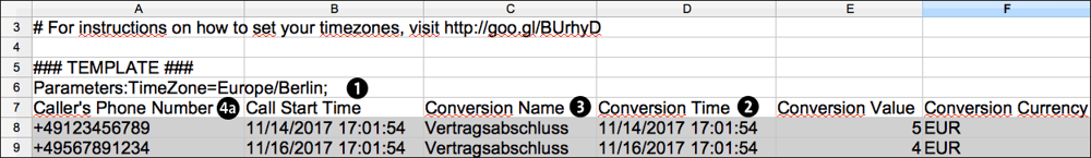 Excel-Tabelle zum Import von Offline-Anruf-Conversions