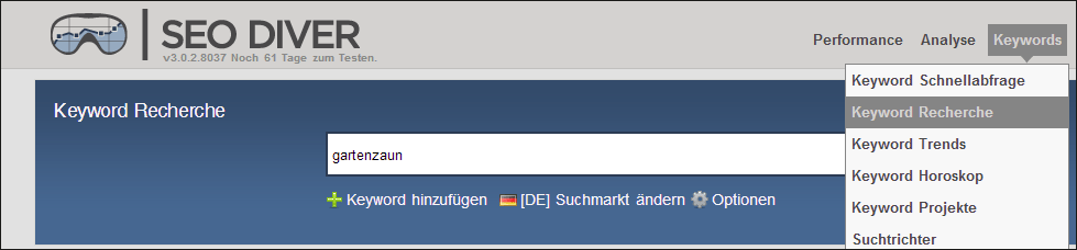 Keyword-Recherche im SEO DIVER