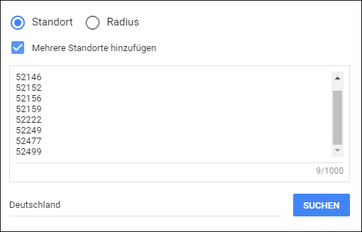 Beispiel zur Auswahl mehrerer Standorte über Postleitzahlen