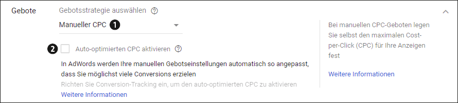 Starten Sie mit der Gebotsstrategie »Manueller CPC«.