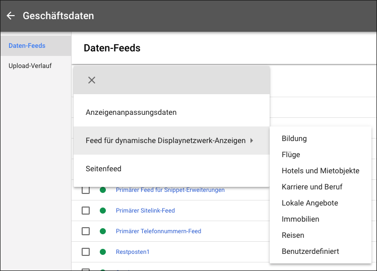 »Feeds für dynamische Displaynetzwerk-Anzeigen« mit unterschiedlichen Themengebieten