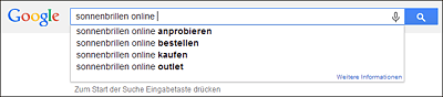 Google Suggest zur Eingabe »sonnenbrillen online …«