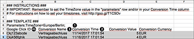 Excel-Tabelle zum Import von Offline-Klick-Conversions