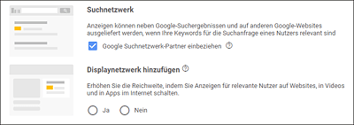 Weitere Partnerseiten im Suchnetzwerk einbeziehen und Displaynetzwerk hinzufügen