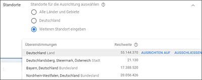 Mit der Standortausrichtung können Sie Nutzer in einer oder mehreren geografischen Zielregionen auswählen oder ausschließen.