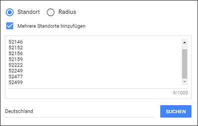 Beispiel zur Auswahl mehrerer Standorte über Postleitzahlen