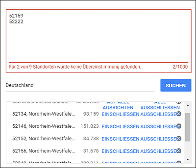 Gefundene Standorte über die Postleitzahl hinzufügen oder ausschließen