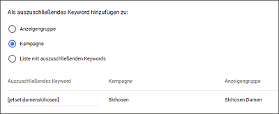 Unpassendes Keyword ausschließen