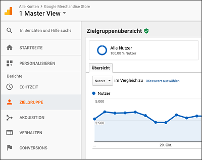 Alle übergeordneten Berichtsfunktionen (linker Navigationsbereich) in Google Analytics