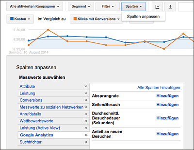 Die Kontoverknüpfung in beide Richtungen ermöglicht die Darstellung von Analytics-Messwerten direkt in AdWords (aktuell nur in der bisherigen AdWords-Oberfläche).