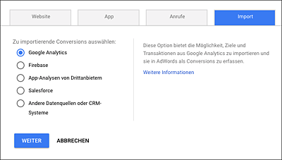 Funktion zum Import von Analytics-Conversions