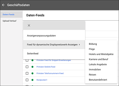 »Feeds für dynamische Displaynetzwerk-Anzeigen« mit unterschiedlichen Themengebieten