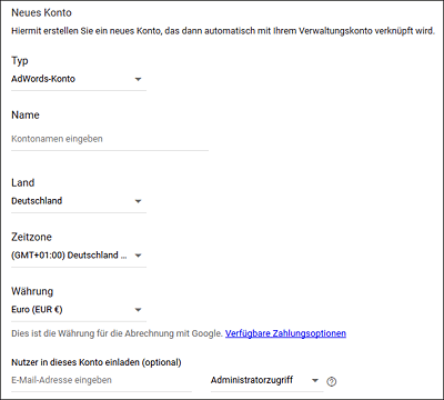 Formular zur Neuanlage eines AdWords-Kontos