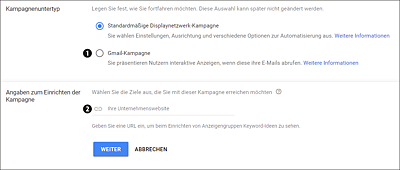 Neben der Displaynetzwerk-Kampagne kann auch eine Gmail-Kampagne erstellt werden.