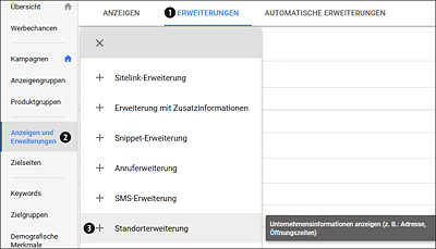 Eine Standorterweiterung unter »Erweiterungen« hinzufügen