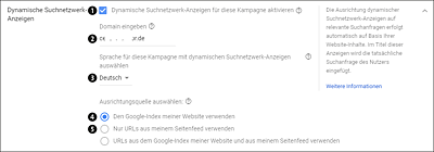 Dynamische Suchanzeigen aktivieren mit Angabe der Domain