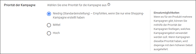 Legen Sie die Priorität der Shopping-Kampagne fest.