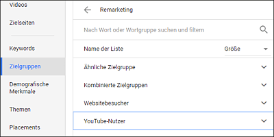 YouTube-Remarketing-Listen unter »Zielgruppen«