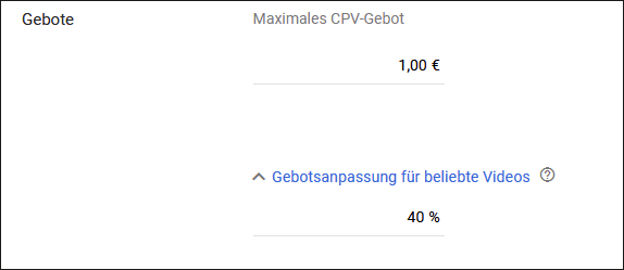 CPV-Gebot und Gebotsanpassung für beliebte Videos