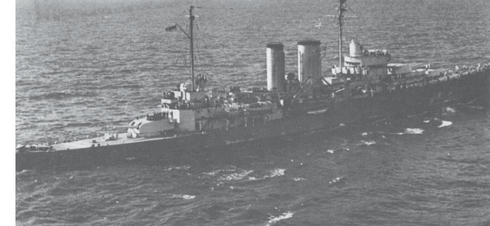 The heavy cruiser HMS Exeter, sunk in the Java Sea on 1 March 1942 by Japanese naval and air forces