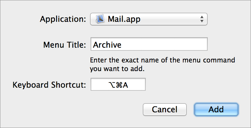 **Figure 4:** Specify the application, menu command, and keyboard shortcut in this dialog.