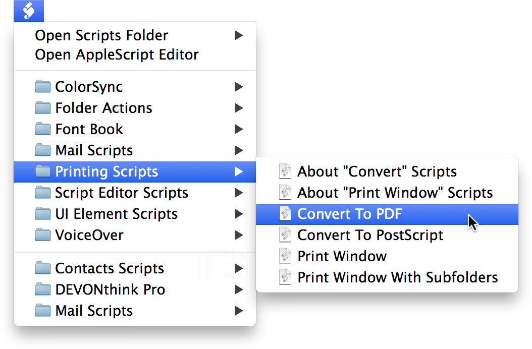 **Figure 38:** The optional AppleScript menu displays both built-in and user-supplied scripts, letting you run them with one click (and without opening AppleScript Editor).