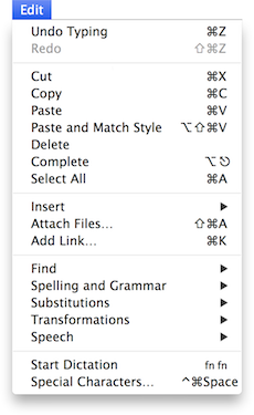 **Figure 3:** Examples of menu commands with predefined keyboard shortcuts.