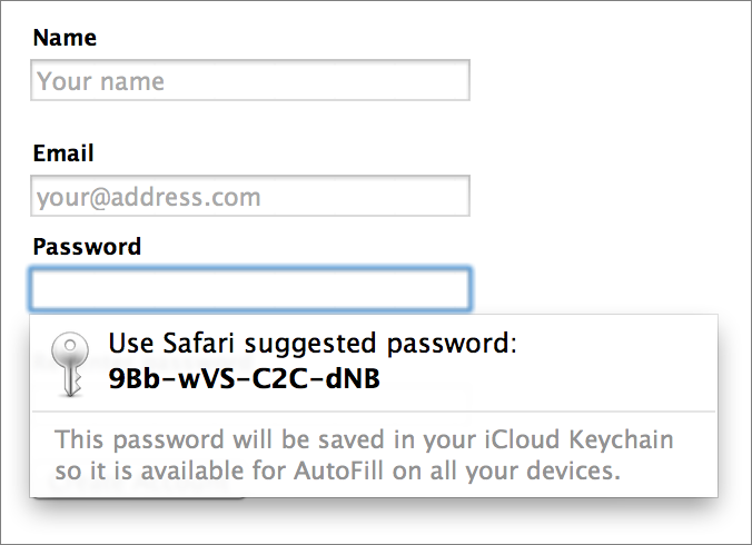 **Figure 26:** Click or tap in a blank Password field to see a suggested random password.