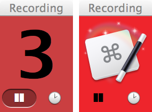 **Figure 47:** This floating window appears when you record a macro. The countdown timer (left) gives way to the icon on right when it reaches zero.