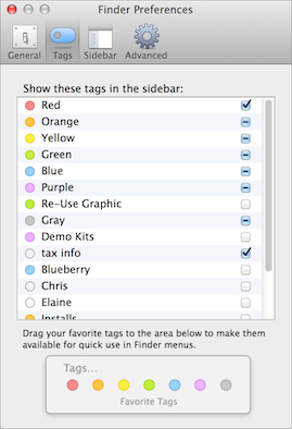 **Figure 2:** Tags can be reordered, renamed, and shown or hidden in the Finder sidebar or menu by making adjustments in this window.