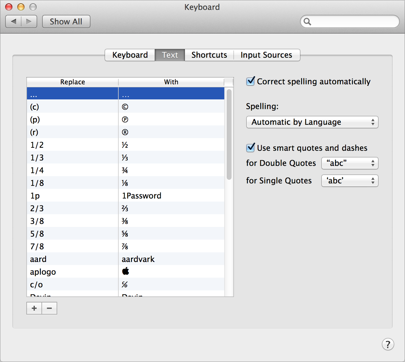 **Figure 13:** Set up OS X text replacements here.