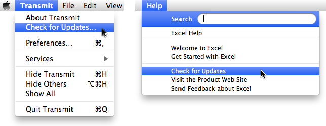 **Figure 8:** In some applications, such as Transmit (left), the Check for Updates command appears in the application menu—the one with the same name as the application. In others, such as Excel (right), it appears in the Help menu. Wording may also differ between apps.