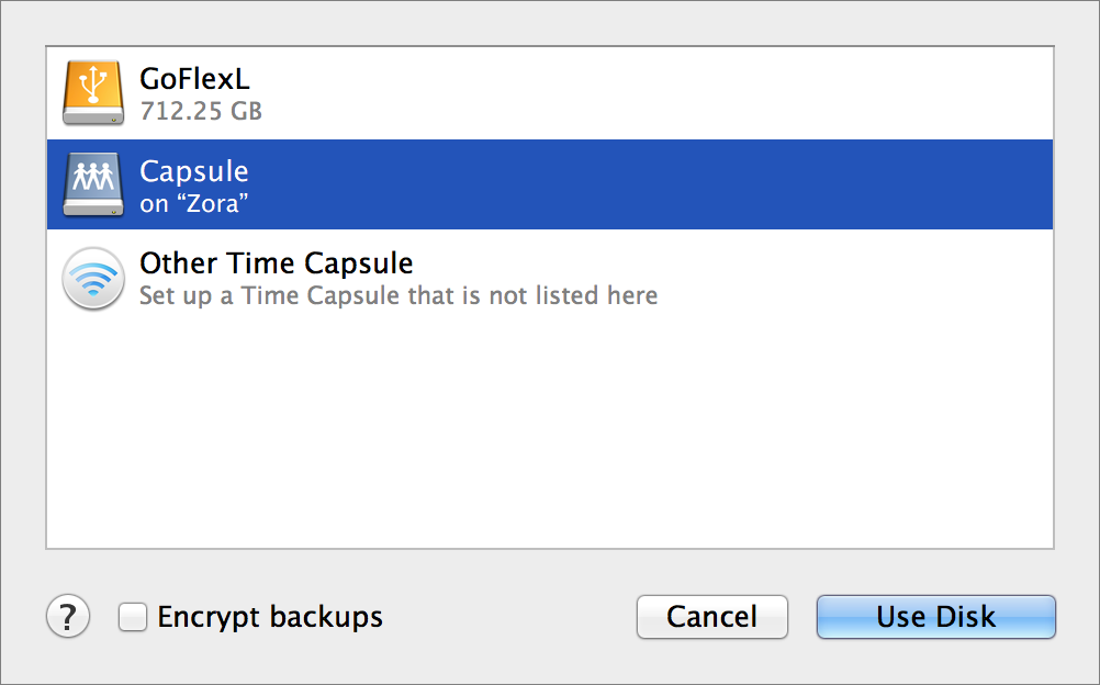 **Figure 28:** Available local and network volumes appear in this window; select the one you want to use and click Use Disk.