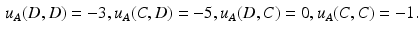 $$\begin{aligned} u_A(D,D) = - 3, u_A(C,D) = - 5, u_A(D,C) = 0, u_A(C,C) = -1. \end{aligned}$$