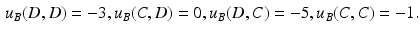 $$\begin{aligned} u_B(D,D) = - 3, u_B(C,D) = 0, u_B(D,C) = -5, u_B(C,C) = -1. \end{aligned}$$