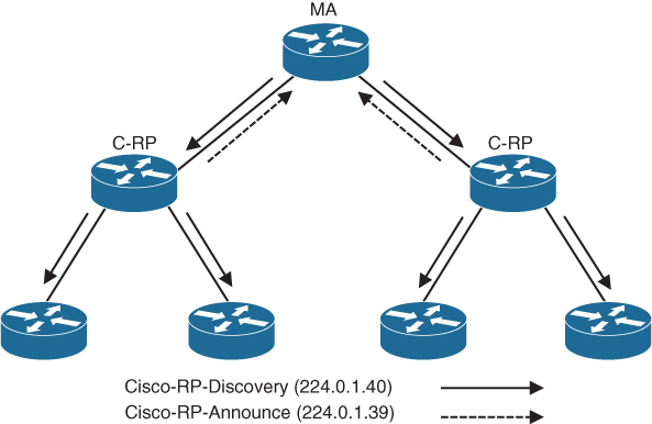 A figure demonstrates auto-RP mechanism. In the network set up, a MA router receives Cisco-RP announcements (224.0.1.39) from two C-RP routers. Now MA sends Cisco-RP discovery messages (224.0.1.40) to the two C-RP routers. Each of these two C-RP routers sends the messages to two other routers.