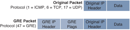 A figure shows IP packets before and after GRE encapsulation.