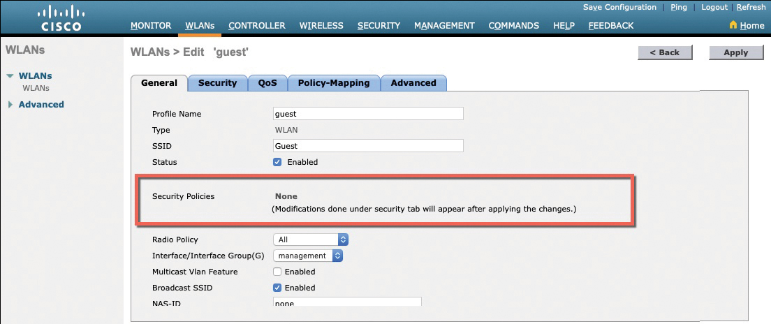 A screenshot of the Wireless LAN Controller GUI illustrates the verification of open authentication in the WLAN configuration.