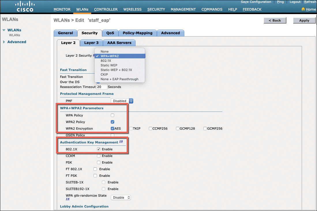 A screenshot of the Wireless LAN Controller GUI illustrates enabling 802.1x authentication and other settings for WLAN named staff-eap.