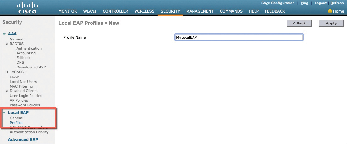 A screenshot of the Wireless LAN Controller GUI illustrates creating a new profile on a controller.