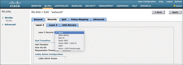 A figure illustrates setting open authentication for the WLAN, WebAuth.