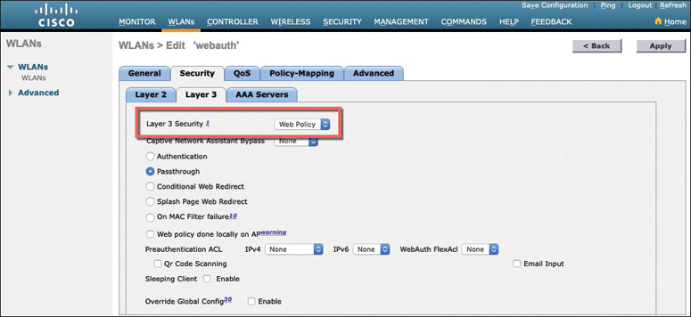 A figure illustrates setting layer 3 authentication for WebAuth.