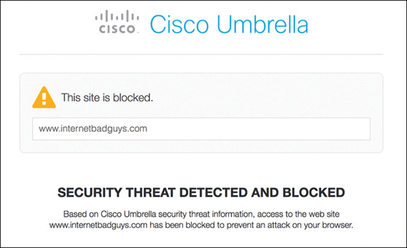 A screenshot of the Cisco Umbrella online page is shown. A blocked URL is mentioned in the address box. Details for the "Security Threat Detected And Blocked" is mentioned at the bottom.