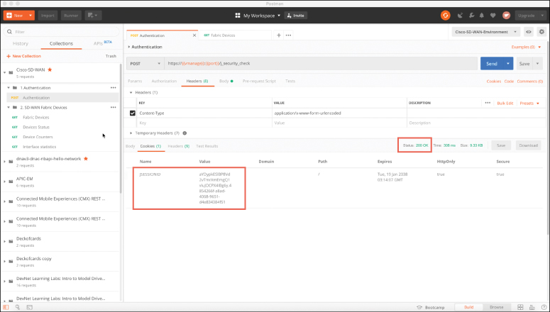 A screenshot shows the POST Authentication web page open in the Postman My Workspace. The collection pane is open to the left of the screen. The name and value section present within the Cookie tab in the main screen is enclosed within a square. The Status 200 OK is selected above the Cookies list.